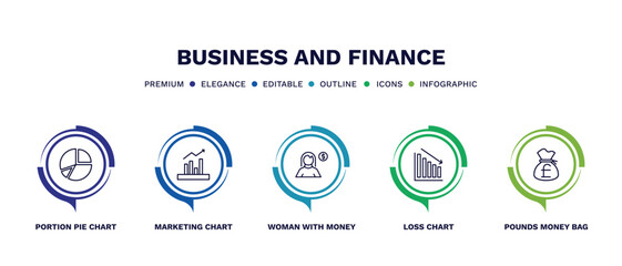 set of business and finance thin line icons. business and finance outline icons with infographic template. linear icons such as portion pie chart, marketing chart, woman with money, loss chart,
