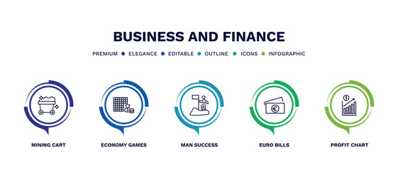 set of business and finance thin line icons. business and finance outline icons with infographic template. linear icons such as mining cart, economy games, man success, euro bills, profit chart
