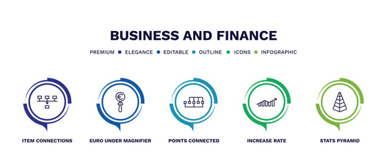 set of business and finance thin line icons. business and finance outline icons with infographic template. linear icons such as item connections, euro under magnifier, points connected chart,