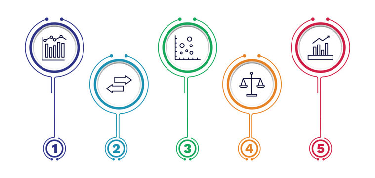 set of business and finance thin line icons. business and finance outline icons with infographic template. linear icons such as measuring success, scatter chart, marketing chart, two way arrows,