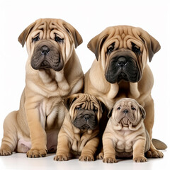 Obraz premium Beautiful wrinkled dog breed Shar Pei with puppies isolated on white background close-up, lovely pets, ai generative