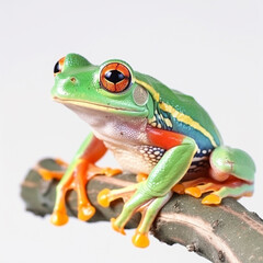 Naklejka premium Adorable green multi-colored tree frog isolated on white close-up, unusual amphibian, ai generative