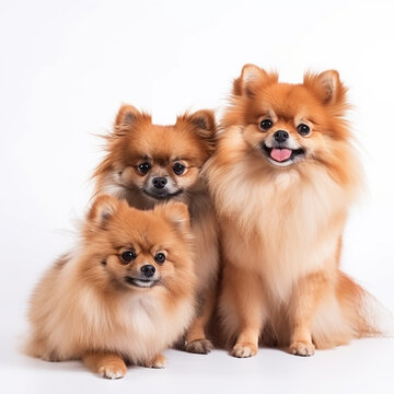 Beautiful red dog breed Pomeranian with puppies isolated on white background close-up, lovely pets, ai generative