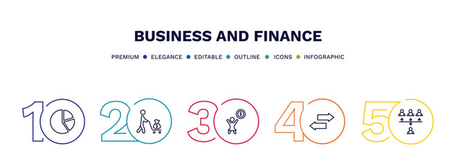 set of business and finance thin line icons. business and finance outline icons with infographic template. linear icons such as pie chart file, man carrying money, woman holding big coin, two way