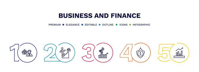 set of business and finance thin line icons. business and finance outline icons with infographic template. linear icons such as mortgage and man, professional advance, success man, dollar money