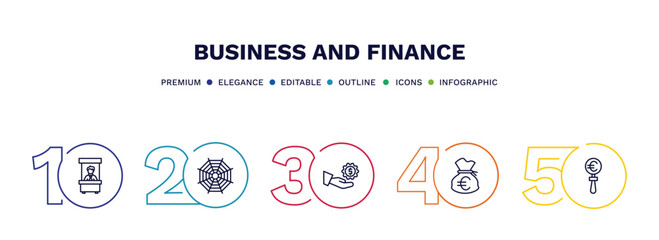 set of business and finance thin line icons. business and finance outline icons with infographic template. linear icons such as bank teller, spider chart, hand with money gear, euro money bag, euro