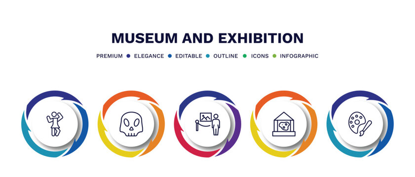 set of museum and exhibition thin line icons. museum and exhibition outline icons with infographic template. linear icons such as ballet, anthropology, excursion, geological, palette vector.