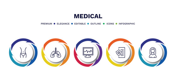 set of medical thin line icons. medical outline icons with infographic template. linear icons such as fit, lungs, ecg, medical insurance, female vector.