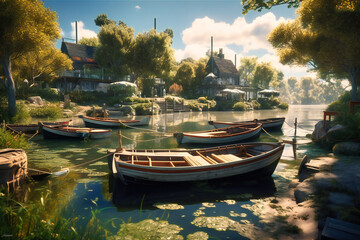 Obraz premium A tranquil lake with paddle boats and fishing