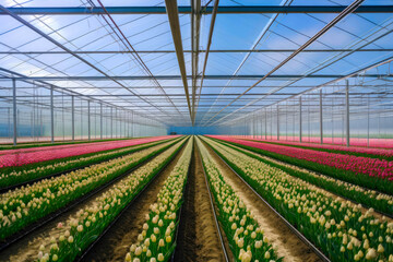 Cultivation of tulips on an industrial scale using greenhouses. Created with Generative AI technology.