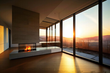 Modern house interior with fireplace and large panoramic windows. Created with Generative AI technology.