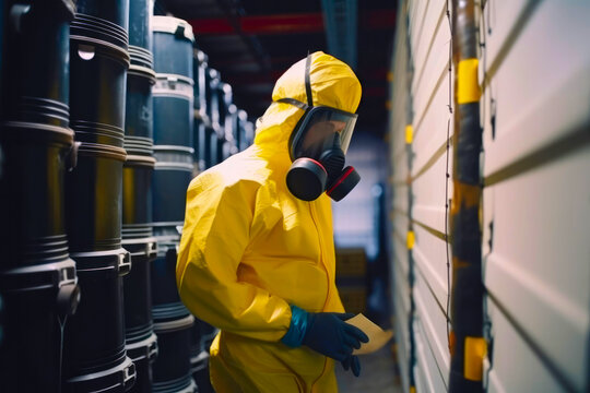 Radiation storage. Man in high-tech protective anti-radiation suit in the storage of radioactive waste. Created with Generative AI technology.