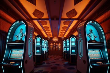 Luxury Casino interior with lots of slot machines. Generative AI