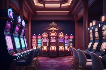 Luxury Casino interior with lots of slot machines. Generative AI