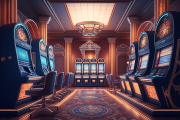 Luxury Casino interior with lots of slot machines. Generative AI