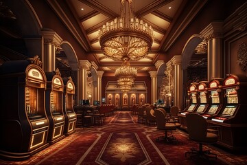 Luxury Casino interior with lots of slot machines. Generative AI