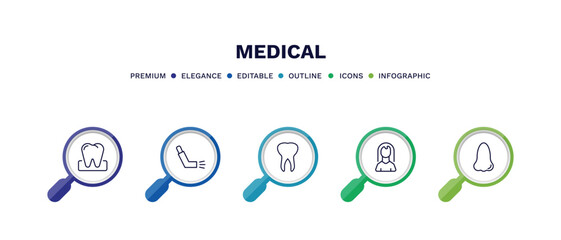 set of medical thin line icons. medical outline icons with infographic template. linear icons such as molar, inhalator, teeth, female, e vector.