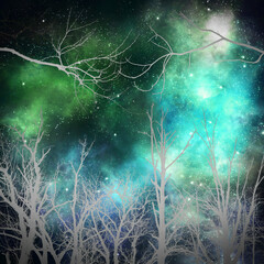 A Silver Forest with a Backdrop of a Starry Turquoise and Green Night Sky