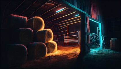 Haystacks sorted inside an agricultural modern warehouse in countryside. Night neon glowing illustration.