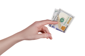 Hand holding 100 usa dollars banknote on transparent background.