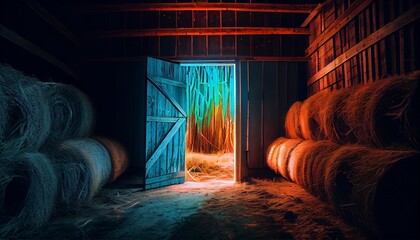 Haystacks sorted inside an agricultural modern warehouse in countryside. Night neon glowing illustration.