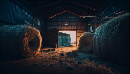 Haystacks sorted inside an agricultural modern warehouse in countryside. Night neon glowing illustration. - obrazy, fototapety, plakaty