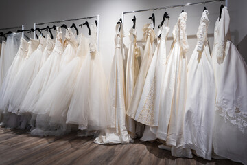 Collection of wedding dresses in the shop