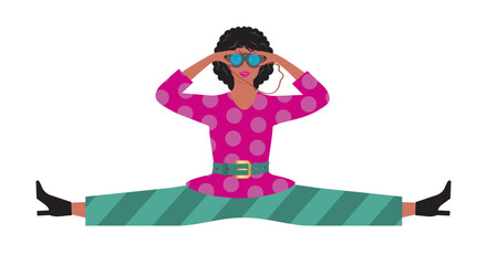 Cool girl, sitting in split position, looking in binoculars. Isolated. Vector illustration.
