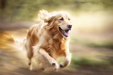 Golden retriever running and playing in city park. AI generative