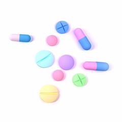 Multicolored pills and tablets isolated on white. Medical background, top view, healthcare and medicine concept. Heap of medicine pills. Background from colorful pills and capsules.
