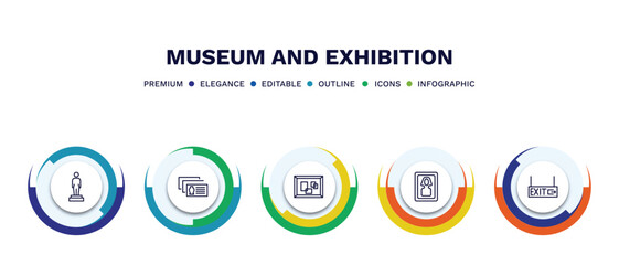 set of museum and exhibition thin line icons. museum and exhibition outline icons with infographic template. linear icons such as statue, postcards, pop art, el greco, exit vector.