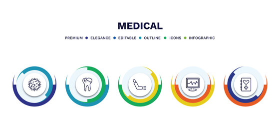 set of medical thin line icons. medical outline icons with infographic template. linear icons such as germs, caries, inhalator, ecg, medical history vector.