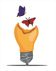 Butterflies come out of the broken light bulb, illustration, vector. 