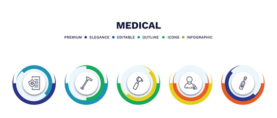 set of medical thin line icons. medical outline icons with infographic template. linear icons such as medical insurance, walking stick, otoscope, patient, electric toothbrush vector.
