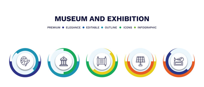 set of museum and exhibition thin line icons. museum and exhibition outline icons with infographic template. linear icons such as palette, museum building, paper scroll, panel, fishbone vector.