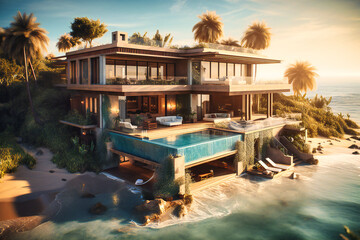 Fototapeta premium A luxurious beachfront villa with a private pool and beach access