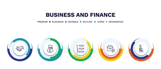 set of business and finance thin line icons. business and finance outline icons with infographic template. linear icons such as shaking hands, pounds money bag, numbered information, pounds bag of