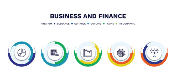 set of business and finance thin line icons. business and finance outline icons with infographic template. linear icons such as portion pie chart, economy games, spike chart, spider chart, increase