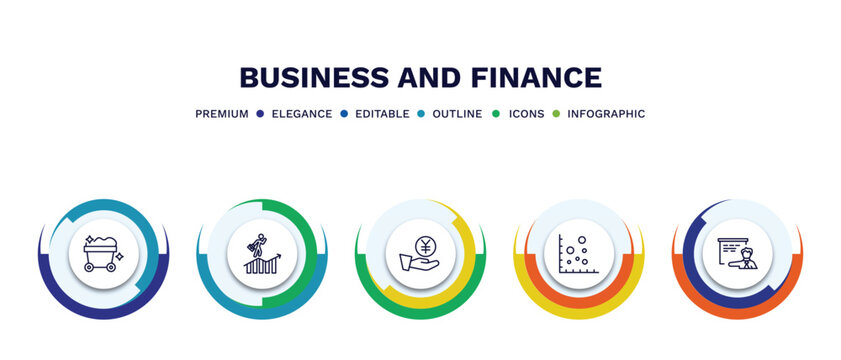 set of business and finance thin line icons. business and finance outline icons with infographic template. linear icons such as mining cart, success man, yen coin on hands, scatter chart, man