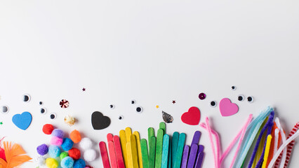 A set of various and colorful materials for children's crafts. Children's craft. Copy space