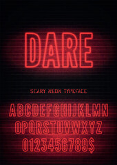Dare night light extra glowing effect hollow font with numbers on dark brick wall background. Vector red neon alphabet