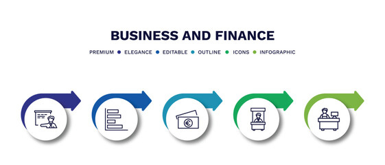 set of business and finance thin line icons. business and finance outline icons with infographic template. linear icons such as man presentation, horizontal bar chart, euro bills, bank teller,