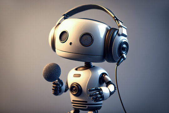 AI Robot journalist with mic and headphones. Podcast interview concept. AI generative