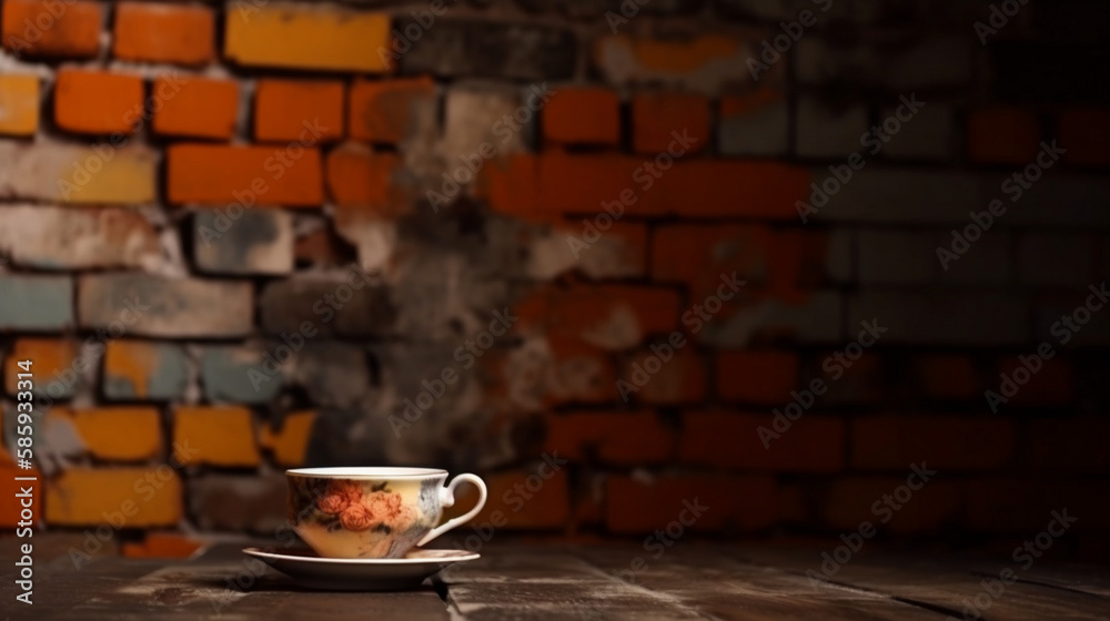 Sticker Cup of tea on a brick wall background Generative AI