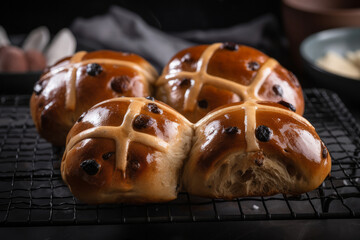 A traditional hot cross bun. Easter time sweet treat. Generative ai