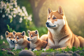 Naklejka na ściany i meble Shiba Inu mother dog with her puppies in park. Offspring and luxury breed concept. AI generative