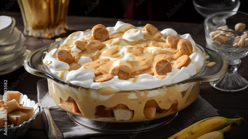 Poster banana pudding with caramel Generative AI