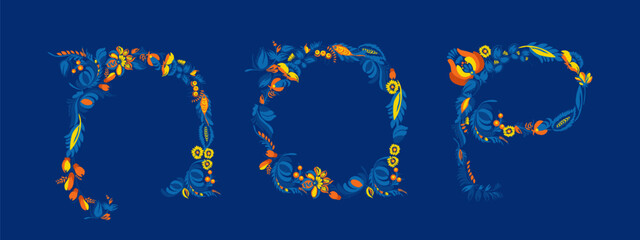 Decorative font. Set of initial letters N, O, P. Traditional Ukrainian Petrykivka painting. Elements of blue-yellow floral ornament. Typographic composition.