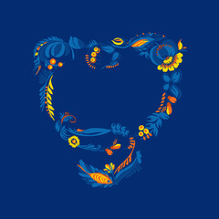 Decorative font. Initial letter Q. Traditional Ukrainian Petrykivka painting. Elements of blue-yellow floral ornament. Typographic composition.