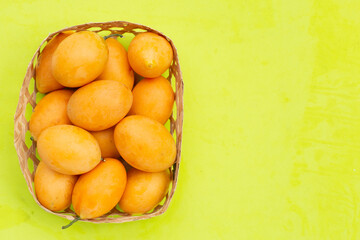 Marian plum fruit isolated on green background